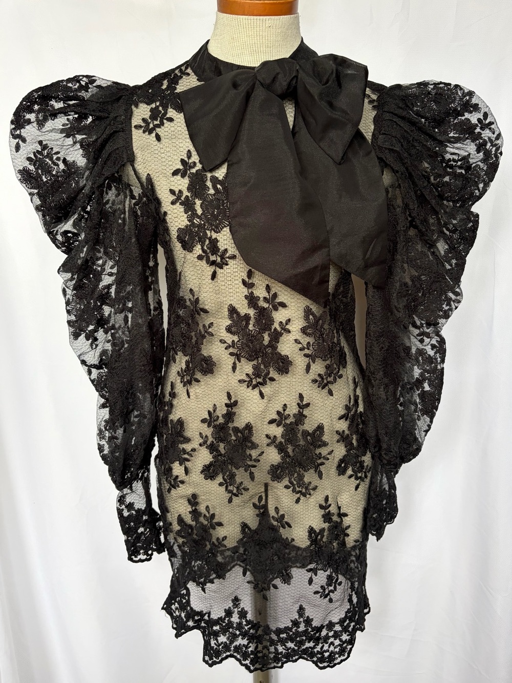 80s Sheer Black Lace Dress Dramatic Puff Sleeve with Pussycat Bow